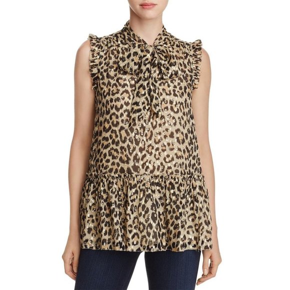 Kate Spade Leopard Print Tie-neck Chiffon Top with Metallic Size Large Gold - Picture 1 of 8